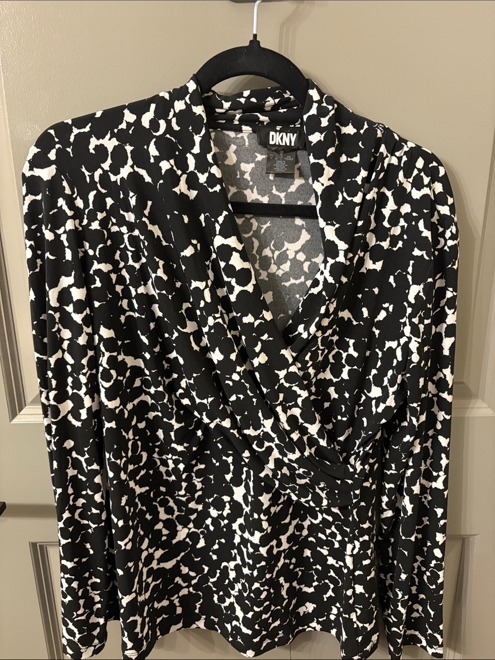 DKNY Black and White Abstract Print Wrap Blouse